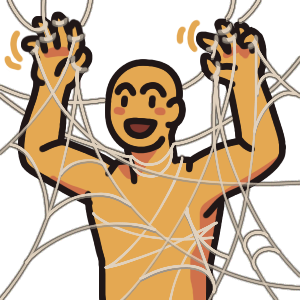 a figure from the waist up, raising their arms above their head and wiggling their fingers. They are an avatar of the Web. Spider silk strings lead from their fingers, but also wrap around their torso and neck